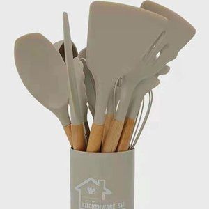 Kitchen Cooking Utensils Set 11 Pieces Silicone Wooden Handle High Heat Resistan